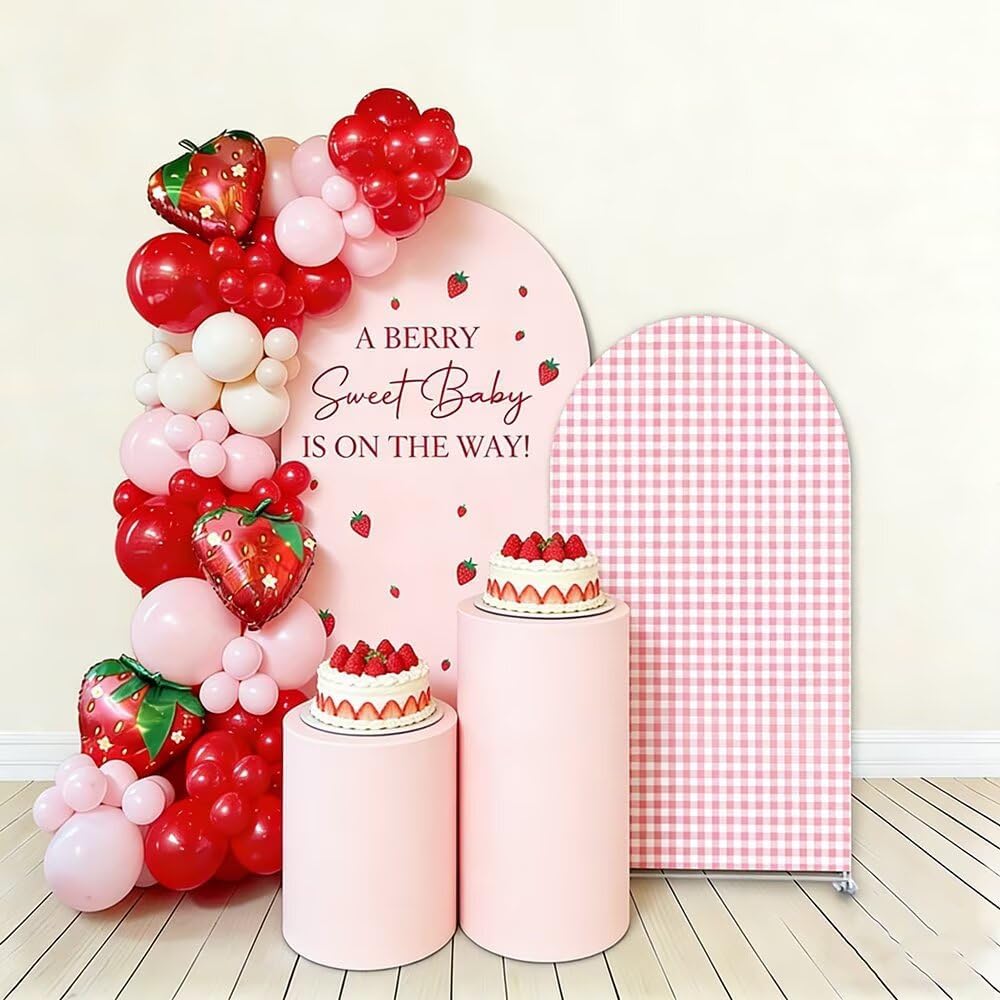 agogos 2 Covers,Set 2(6FT/5FT) Pcs A Berry Sweet Baby is ON The Way Arch Backdrop of Pink Plaids Strawberry Theme Arch