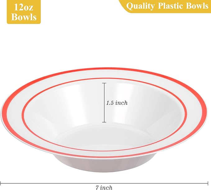 Goodluck 50 Pack Plastic Bowls with Red Rim, 12oz Disposable Soup Bowls, Heavy Duty Dessert Bowls for Weddings, Parties, Christmas Dinners, Catering, Thanksgiving and Everyday Use