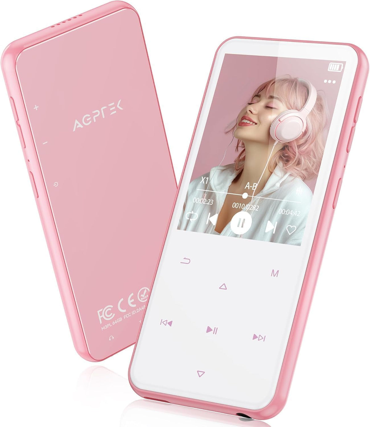 AGPTEK 64GB MP3 M3 2.4 inch 128GB(Pink) Player with Bluetooth, Music Player with Speaker and FM Radio, Touch Buttons