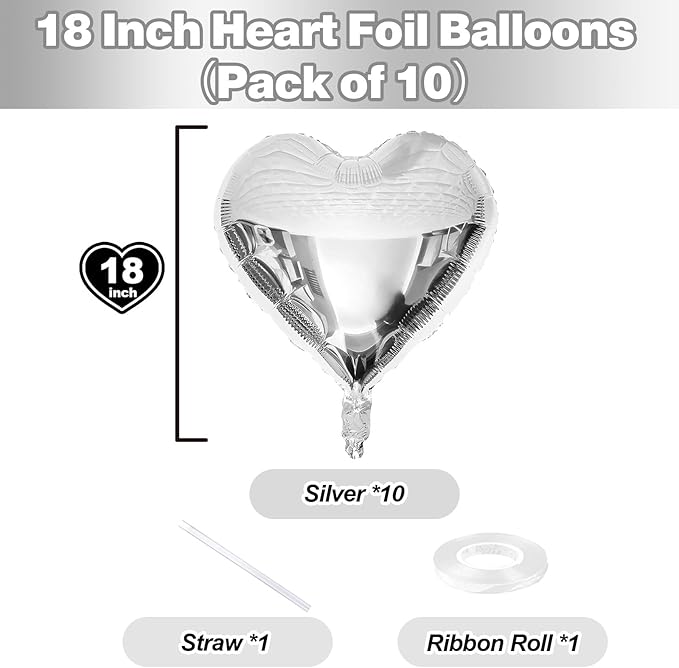 Silver Heart Foil Balloons, 10PCS 18Inch Mylar Balloons for Birthday, Valentine, Wedding, Baby, Graduation, New Year Party Decor