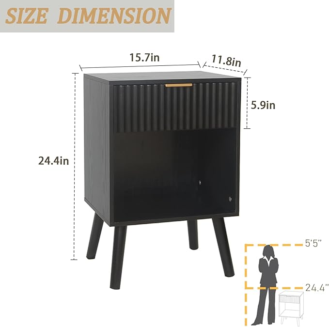 Black Fluted Nightstand, Modern Bedside Table with Drawer and Opening Storage, End Side Table Living Room with Solid Wood Legs for Bedroom (Black)