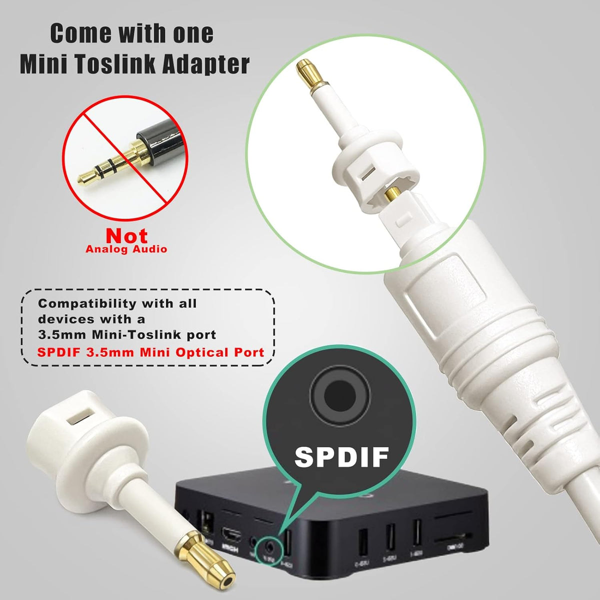6ft, Bar/TV/PS4/Xbox White Toslink Digital Optical Audio Cable Slim Optical TV Cord, Fiber Optic Audio Cable for Sound