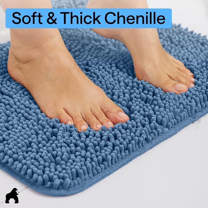 GORILLA GRIP Bath Rug Mat 60x24, Thick Soft Absorbent Chenille, Quick Dry Microfiber Mats, Rubber Backing Washable Shower Floor Rugs, Bathmat Runner, US Designed Bathroom Home Decor Accessories Blue