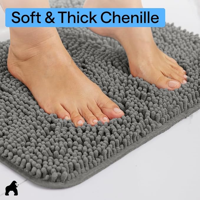 GORILLA GRIP Bath Rug Mat 48x17, Soft Absorbent Chenille, Quick Dry Microfiber Mats, Rubber Backing Washable Shower Floor Rugs, Bathmat Runner, US Designed Bathroom Home Decor Accessories Charcoal