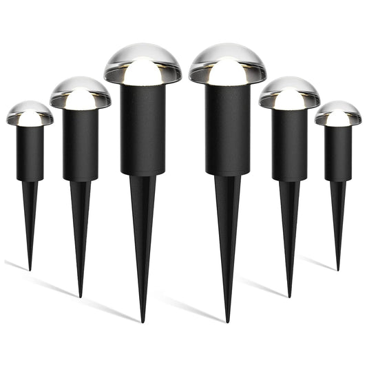 VENUS MANUFACTURING Low Voltage Landscape Pathway Lighting 6PK 1.5W LED Mushroom Lights 35Lumen Wired Walkway Light 3000K Warm White Driveway & Sideway Lights Metal Black Finish with Connector Stake