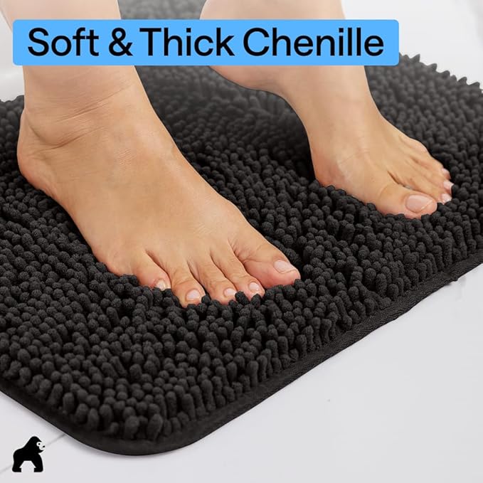 GORILLA GRIP Plush Absorbent Shaggy Chenille Bath Rug Mat for Oval Toilet Base with Rubber Backing, Machine Washable Rugs, Soft Microfiber Contour Mats for Toilets, Bathroom Decor, Black