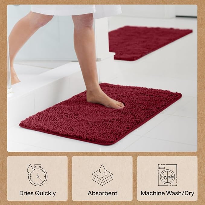 GORILLA GRIP Bath Rug Mat 48x24, Soft Absorbent Chenille, Quick Dry Microfiber Mats, Rubber Backing Washable Shower Floor Rugs, Bathmat Runner, US Designed Bathroom Home Decor Accessories Burgundy
