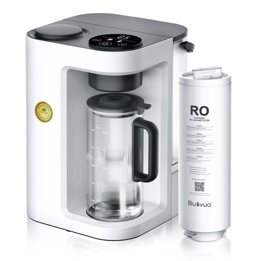 Bluevua RO100ROPOT-Lite Countertop Reverse Osmosis Water Filter System, 3:1 Pure to Drain Ratio, Portable RO Filtration with Remineralization, No Installation, WQA Certified, 6-Stage White