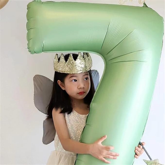 Sage Green Foil Balloon Number 7, 40'' Giant Self Inflating Number Balloons Set 0-9, Large Olive Green Number 7 Helium Balloon for Girls Boys 7th Birthday Jungle Safari Party Decorations Supplies