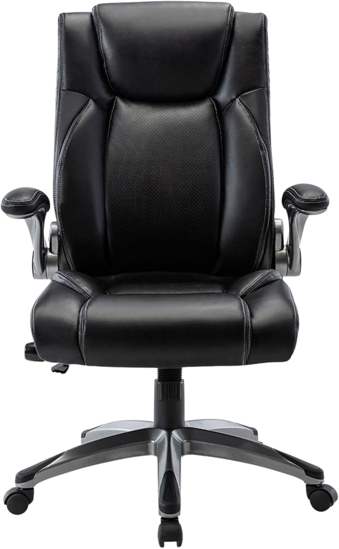 COLAMY Ergonomic Office Chair, High Back Leather Desk Chair with Adjustable Lumbar Knob, Thick Cushion Seat, Flip-up Armrests, Rocking Function, Computer Chair for Home Office, Black
