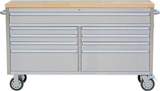 PeakPursuit 61" Rolling Tool Chest with 9 Drawers, Solid Rubber Wood Workbench Top, Locking Wheels & Key Lock, Mobile Garage Tool Cabinet for Workshop Storage & Organization, Silver