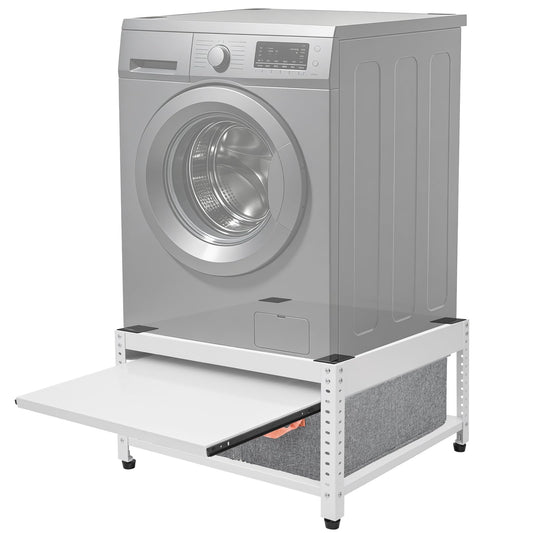 Washer and Dryer Pedestals, 28" L x 28" W Heavy Duty Metal Washer and Dryer Stand Universal Platform, Washer Dryer Pedestal with Basket Shelf, Portable Storage Bag, 4 Silicone Pads, Fit 800lbs, White