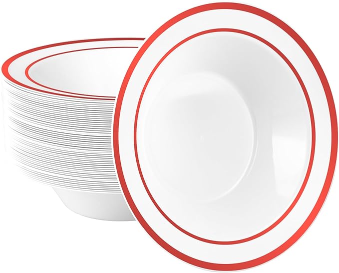 Goodluck 50 Pack Plastic Bowls with Red Rim, 12oz Disposable Soup Bowls, Heavy Duty Dessert Bowls for Weddings, Parties, Christmas Dinners, Catering, Thanksgiving and Everyday Use
