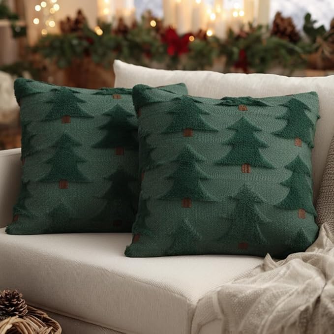 GEEORY Christmas Pillow Covers 16x16 Inch Set of 2, Christmas Decorations Xmas Tree Soft Plush Fluffy Faux Fur Decorative Throw Pillows Farmhouse Winter Cushion Case Green Brown GC033-16