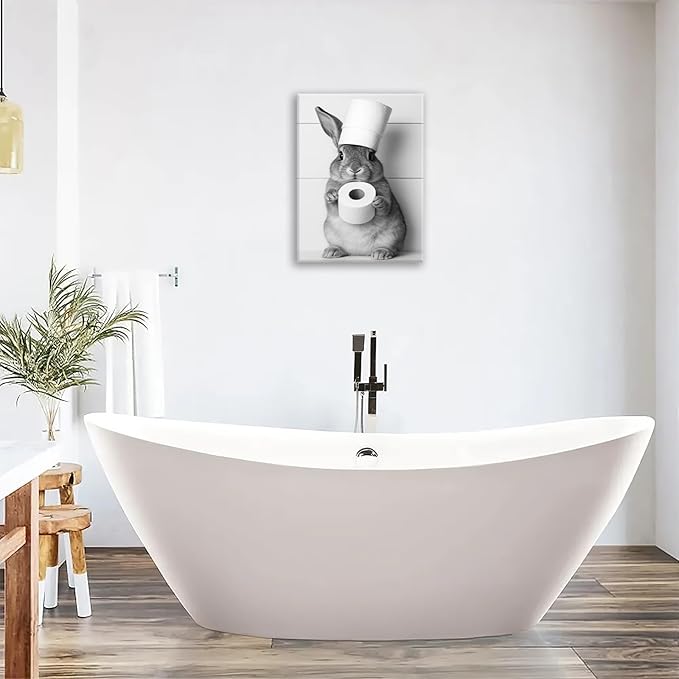Bunny Bathroom Wall Art, Rabbit Pictures Wall Decor, Animal Canvas Prints Painting, Framed Artwork For Bathroom Living Room Bedroom Office Dining Room 20"X16"