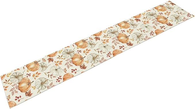 Pumpkin Table Runner Fall Orange White Colorful Leaves Berries Thanksgiving Watercolor Illustration Rustic Decor for Farmhouse Indoor Outdoor Party Holiday Dining Kitchen Restaurant Cafe W13xL60in