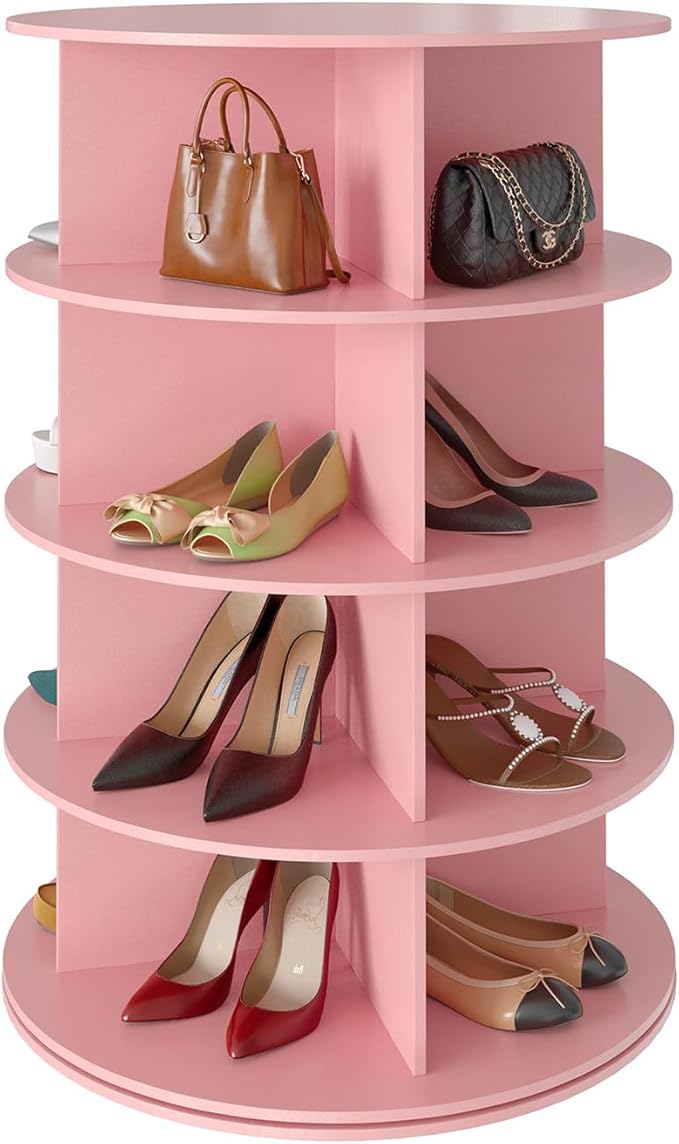 SpaceAid 4 Tier Rotating Shoe Rack Tower, Spinning Shoe Display Lazy Susan, Revolving 360 Shoe Rack Storage Round Carousel, Vertical Handbag Rotate Shoes Closet Organization (4-Tier Pink)