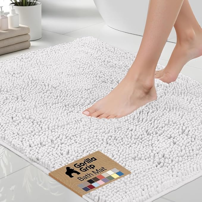 GORILLA GRIP Bath Rug Mat 42x24, Thick Soft Absorbent Chenille, Quick Dry Microfiber Mats, Rubber Backing Washable Shower Floor Rugs, Bathmat Runner, US Designed Bathroom Home Decor Accessories White
