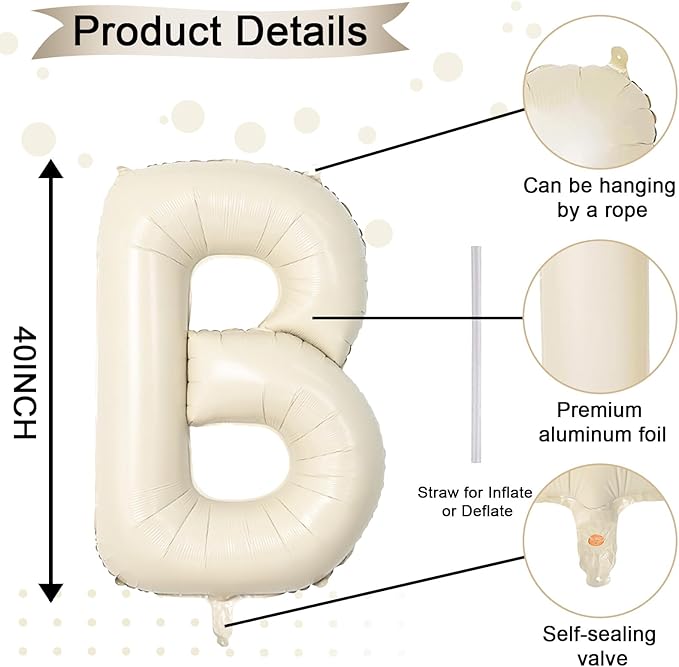 40 Inch Letter Balloons B, Big Custom A-Z Alphabet Foil Name Balloon Cream White, Self Inflating Beige Customize Helium Balloon Letters B for Women Girls Birthday Bride Baby Shower Party Decorations