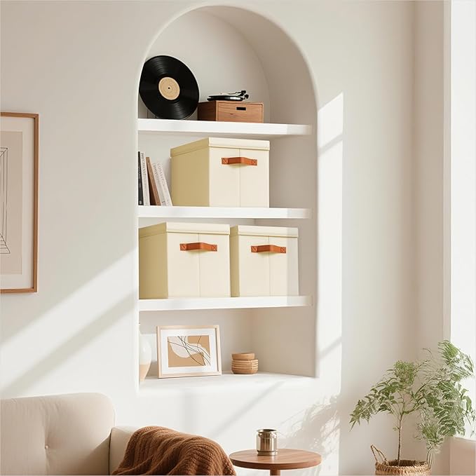 Storage Bins with Lids - Fabric Storage Baskets for Shelves, 4 Pack Foldable Decorative Boxes with Handles, Stackable Organizer Bins for Home, Nursery, Dorm, Beige