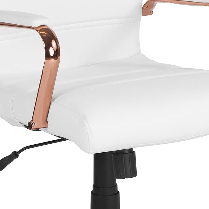 Flash Furniture Whitney Mid-Back Swivel LeatherSoft Desk Chair with Padded Seat and Armrests, Adjustable Height Padded LeatherSoft Office Chair, White/Rose Gold