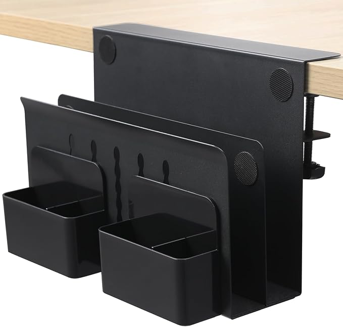 MAXECHO Desk Side Storage, Under Desk Laptop Mount, Table Side Hanging File Organizer, No Drill Clamp On Cable Management Tray, Laptop Holder with Magnetic Pen Holder for Office and Home, Load 22 Lbs