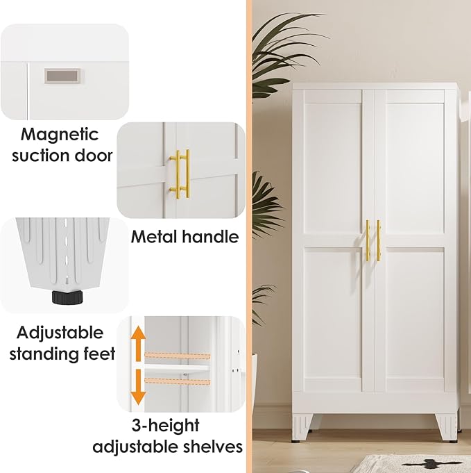 47" Kitchen Pantry Cabinet, Metal Storage Cabinet with 3 Adjustable Layer Shelves, 8 Door Shelves, Buffet Sideboard for Living Room, Kitchen, White