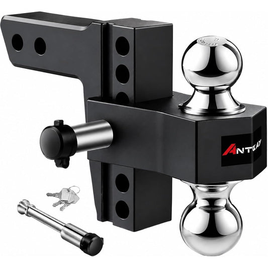 Adjustable Aluminum Trailer Hitch - Fits 2" Receiver, 6" Drop & Rise Dual Ball Mount (2" X 2-5/16") - 12,500 LBS GTW Towing Capacity with 2 Locking Pins for Trailers, Campers, Agricultural Machines