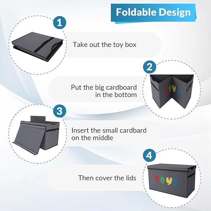 Toy Box Chest, Collapsible Sturdy Storage Bins with Lids, Extra Large Kids Toy Storage Organizer Boxes Bins Baskets for Kids, Boys, Girls, Nursery Room, Playroom, Closet (A-TBX-GRAY-MULTI)