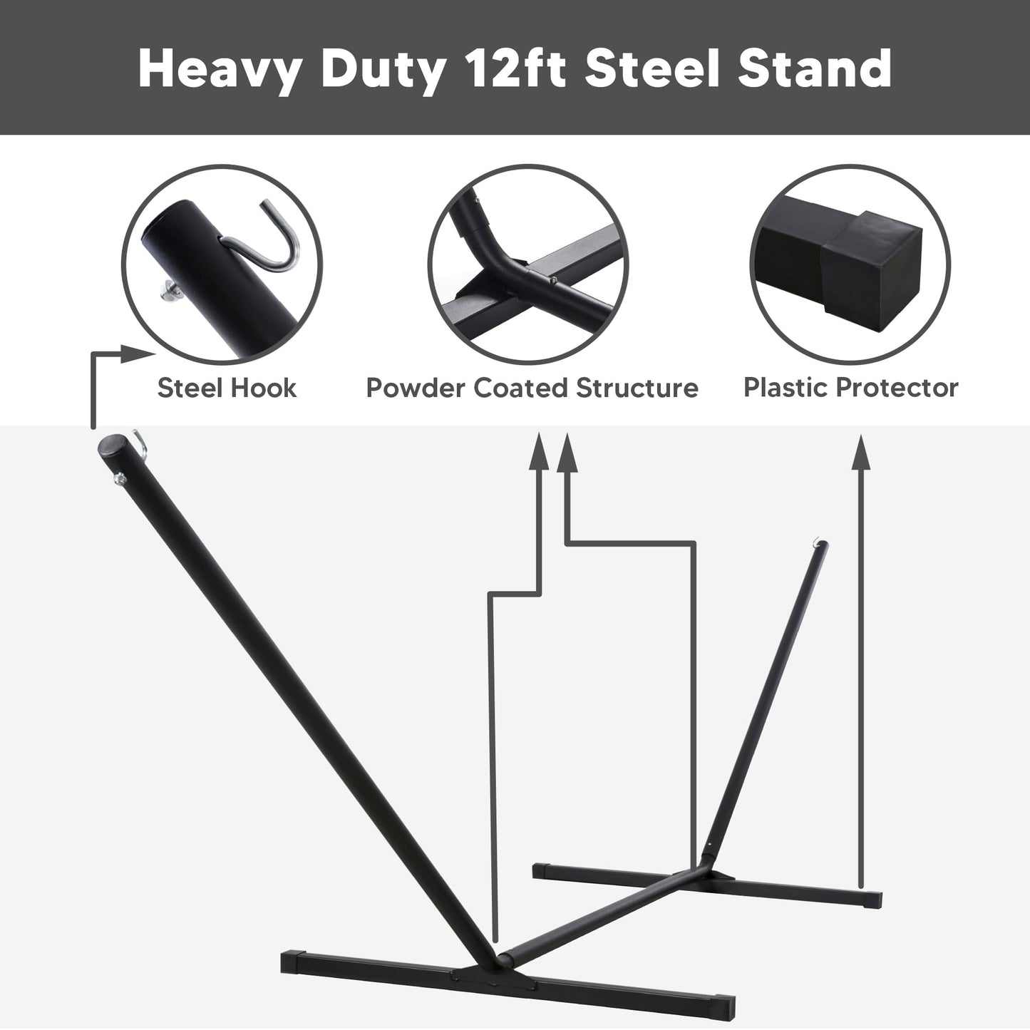 SUNCREAT Hammocks for Outside with Stand, Extra Large Double Hammocks 2 Person Heavy Duty, 450 lbs Capacity, Dark Gray