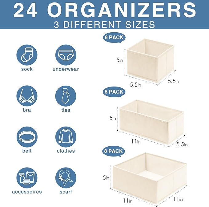 Criusia Drawer Organizer Clothes, 24 Pack Dresser Organizer Bins for Nursery Bedroom, Closet Organization and Storage Dividers for Clothing, Baby Clothes, Underwears, Socks (Beige)