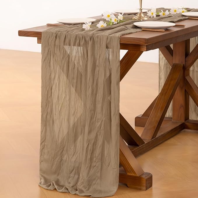 Socomi 10pcs Nude Brown Cheesecloth Table Runner Boho Rustic Gauze 120 inch 10FT Cheese Cloth Runner for Wedding Party Baby Shower Birthday Home Decor Holiday Decorations