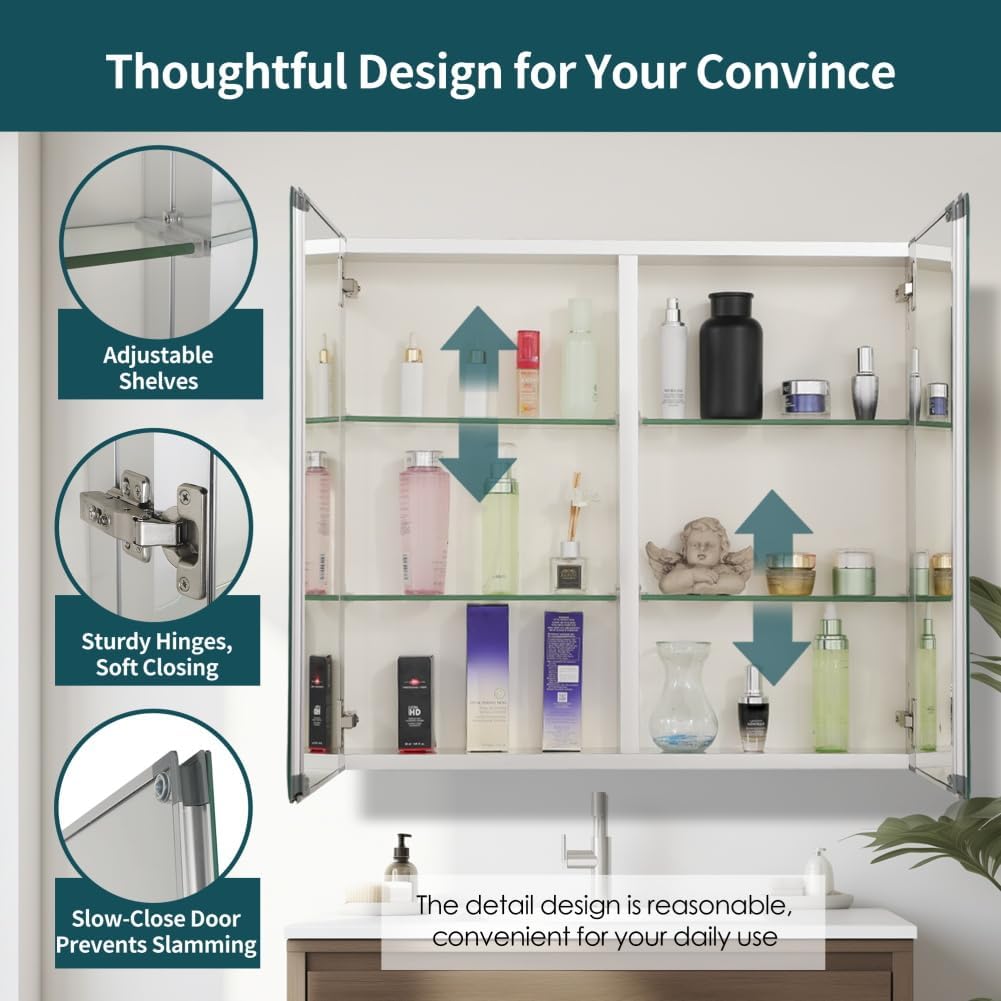 Movo Double Doors Medicine Cabinet with Mirror, 30 inch X 26 inch Aluminum Bathroom Medicine Cabinet, Adjustable Glass Shelves, Waterproof and Rust-Resist, Recess or Surface Mount
