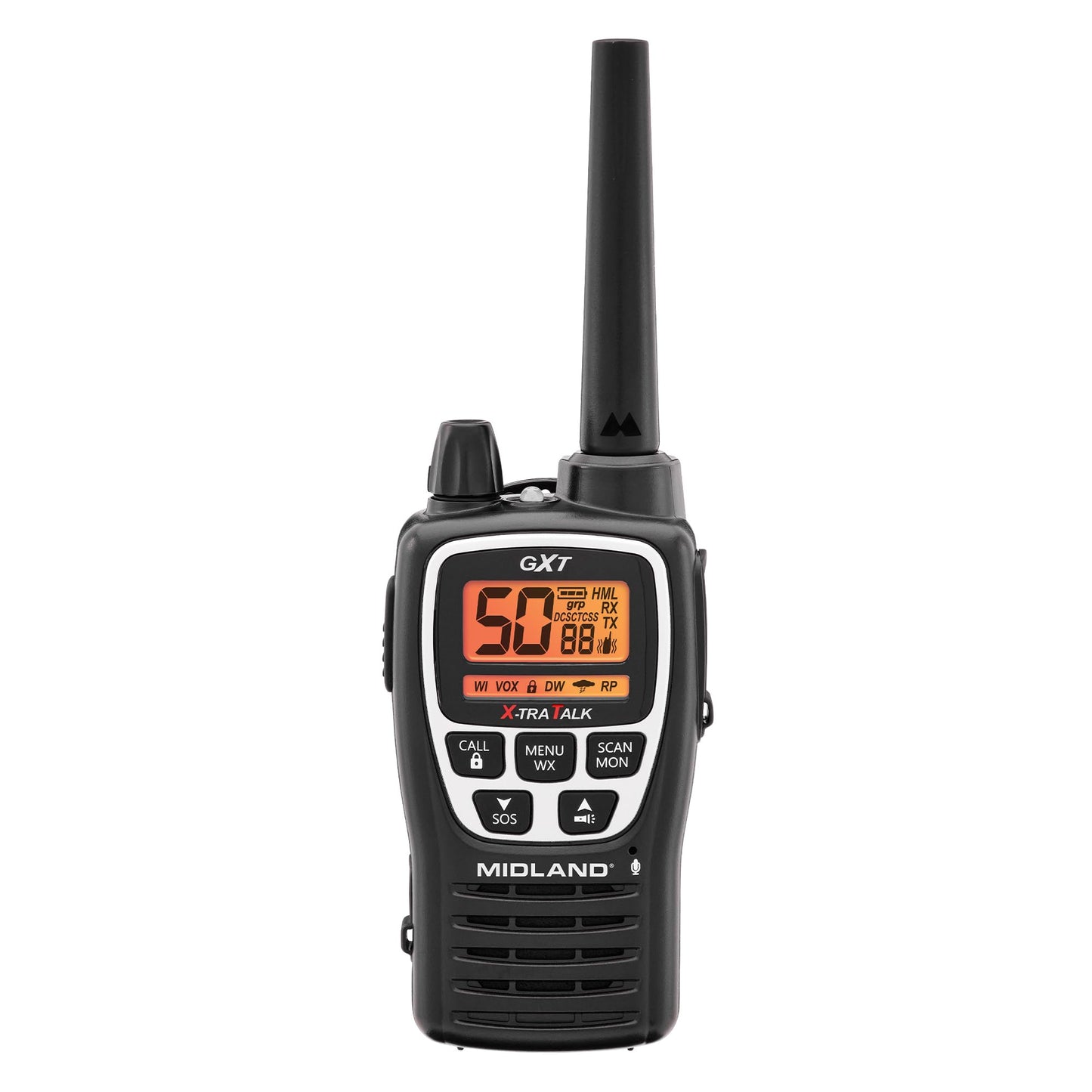 Midland GXT3000 GMRS Two-Way Radio (50-Channel, Repeater Capable, Long Range, 142 Privacy Codes, SOS, NOAA, Rechargeable Lithium Ion Battery, Black/Silver, 2-Pack)