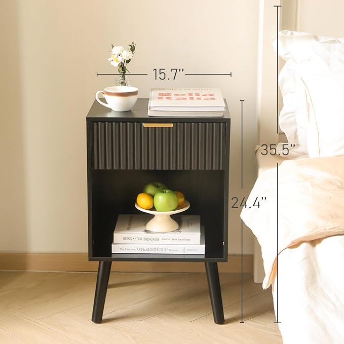 Black Fluted Nightstand, Modern Bedside Table with Drawer and Opening Storage, End Side Table Living Room with Solid Wood Legs for Bedroom (Black)