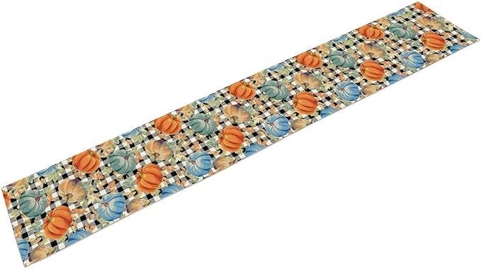 Fall Pumpkin Table Runner Black White Plaid Maple Leaves Watercolor Illustration Rustic Thanksgiving Home Decor for Farmhouse Indoor Outdoor Party Holiday Dining Kitchen Restaurant Cafe W13xL60in