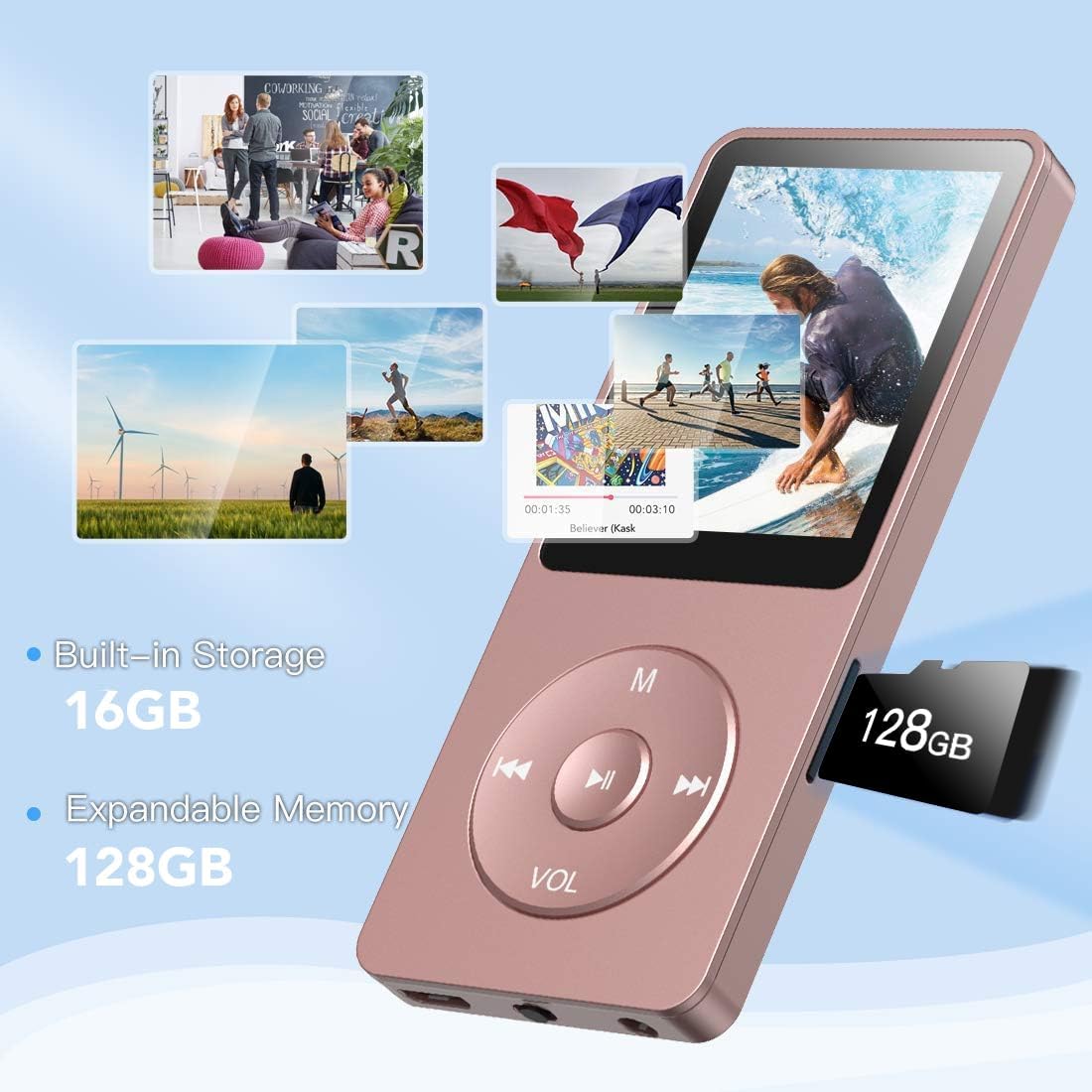 AGPTEK A02S 16GB MP3 70 128GB, Player, Hours Playback Lossless Sound Music Player, Supports up to Rose Gold