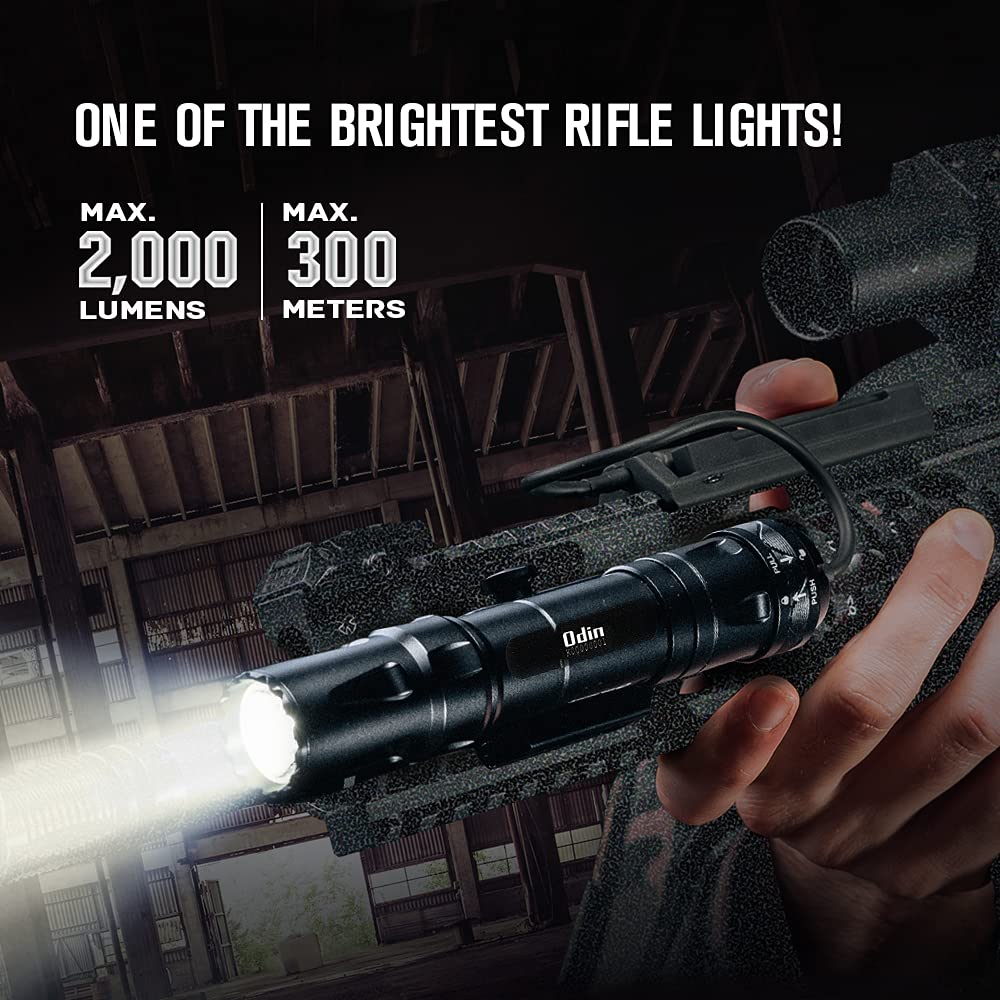 OLIGHT Odin 2000 Lumens Picatinny Rail Mounted Rechargeable Tactical Flashlight with Remote Pressure Switch, 300 Meters Beam Distance, Powered by Battery(Black)