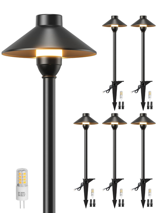 PARTPHONER Low Voltage Landscape Lighting 6-Pack, Aluminum 12V Pathway Lights with G4 Bulbs, Waterproof Stylish Matte Black Color Wired Path Lights with Connectors for Walkway Yard Garden