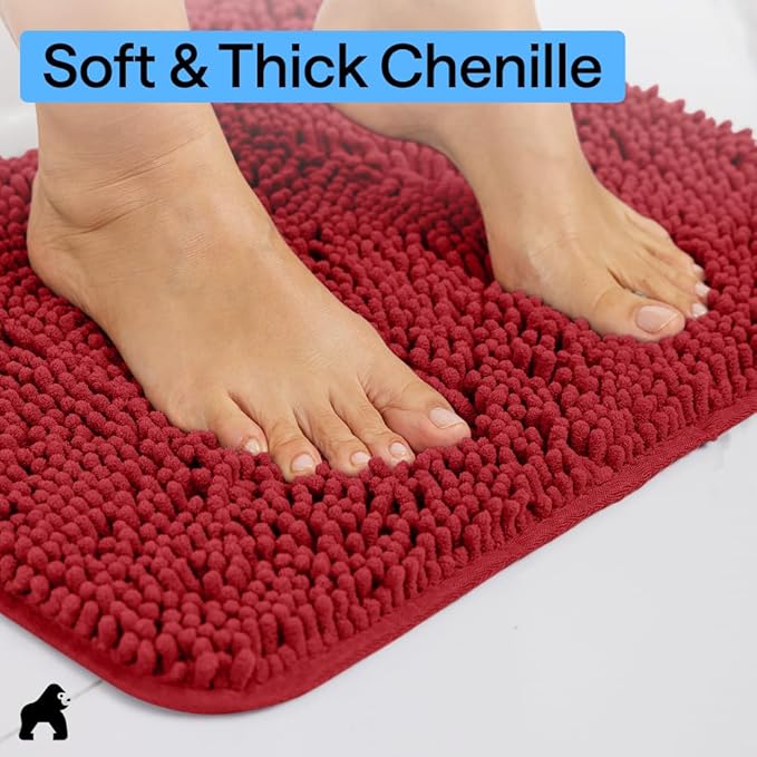 GORILLA GRIP Bath Rug Mat 36x24, Thick Soft Absorbent Chenille, Quick Dry Microfiber Mats, Rubber Backing Washable Shower Floor Rugs, Bathmat Runner, US Designed Bathroom Home Decor Accessories Red