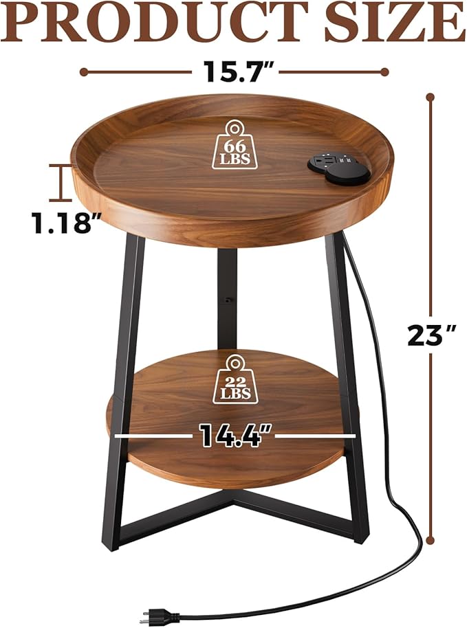 Gadroad Round End Table with Charging Station, USB Ports, Wood Tabletop & Black Metal Frame, 2-Tier Side Table for Living Room, Bedroom, Brown 15.7 * 15.7 * 23.0inches