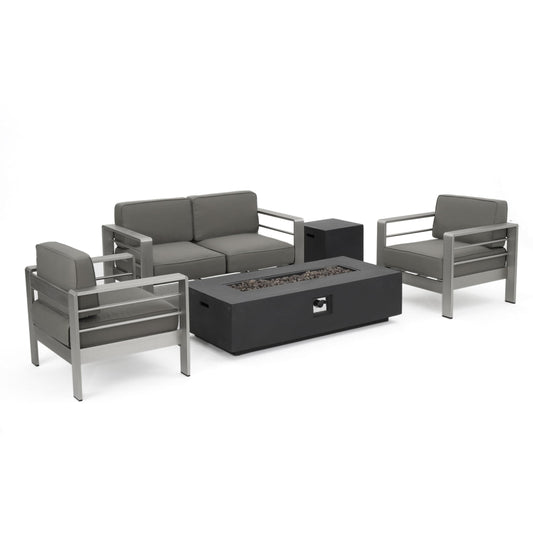 Christopher Knight Home Cape Coral Outdoor Chat Set with Fire Table, 5-Pcs Set, Khaki / Dark Grey