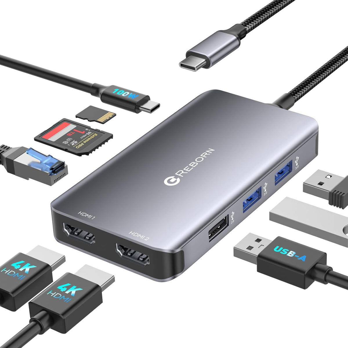 Reborn 9-in-1 4K 2HDMI 1Gbps 5Gbps 3.0, 100W Laptop Docking Station Dual Monitor, USB C Hub Dual Monitor with Ports
