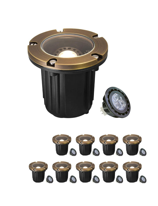 MALORY Brass Top Cover Landscape Well Lights, (φ126 mm) 12V Low Voltage Outdoor In Ground Lights,Landscape Lighting for Pathway, Driveway and Garden 10-Pack with Bulb (Flat Top)