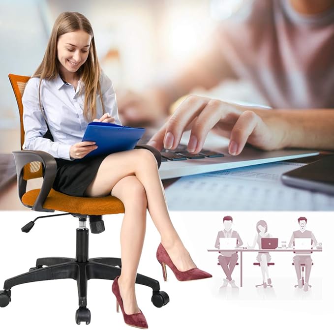 BestOffice | Ergonomic Office Chair | Mid-Back Swivel Desk Chair | Breathable Backrest & Lumbar Support | Adjustable Height | Sponge Seat | Rolling Wheels | Orange | for Adults & Women