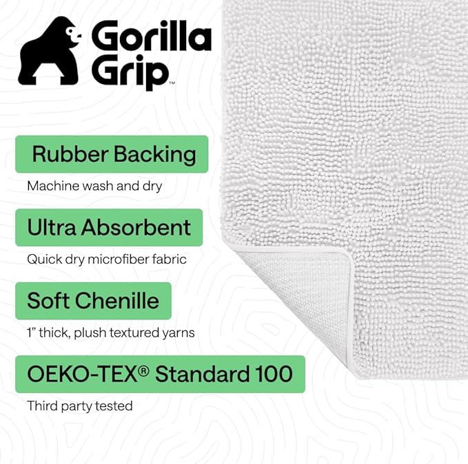 GORILLA GRIP Bath Rug Mat 42x24, Thick Soft Absorbent Chenille, Quick Dry Microfiber Mats, Rubber Backing Washable Shower Floor Rugs, Bathmat Runner, US Designed Bathroom Home Decor Accessories White