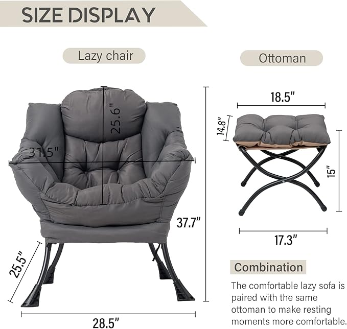 LITA Lazy Chair with Ottoman, Modern Accent Leisure Upholstered Lazy Sofa Armchair, Contemporary Lounge Reading Chair with Armrests and a Side Pocket for Living Room, Bedroom & Small Space, Dark Grey
