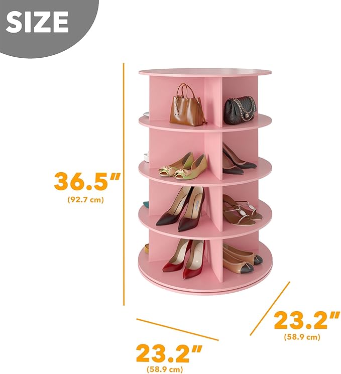 SpaceAid 4 Tier Rotating Shoe Rack Tower, Spinning Shoe Display Lazy Susan, Revolving 360 Shoe Rack Storage Round Carousel, Vertical Handbag Rotate Shoes Closet Organization (4-Tier Pink)