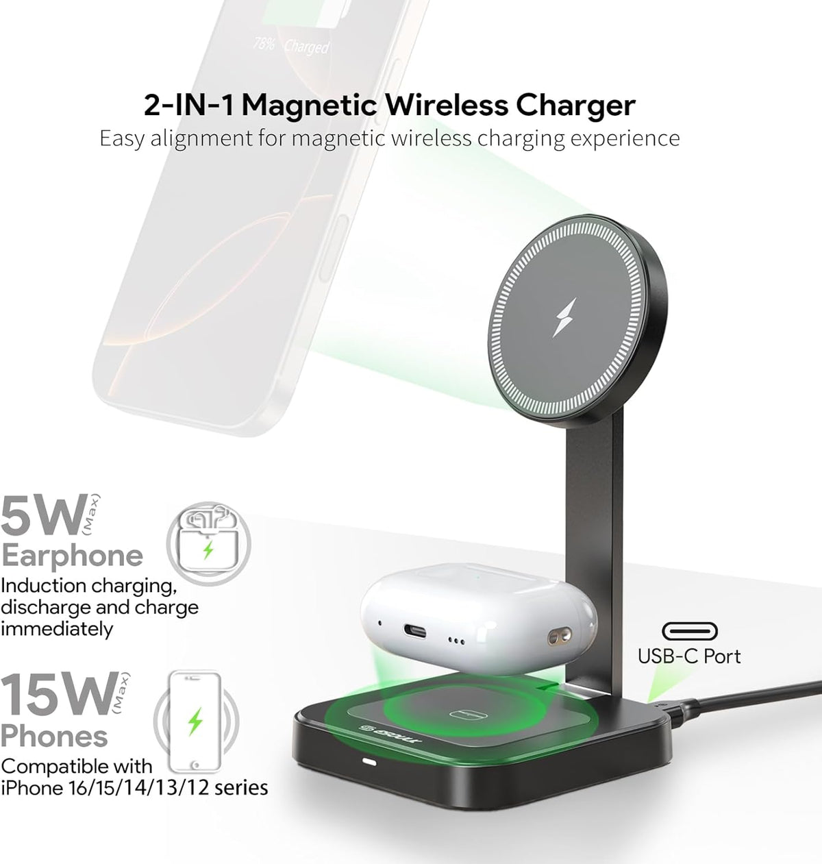 Esoulk 2 1 17/16/15/14, 15W in Magnetic Wireless Charging Station, Foldable Charger Stand for iPhone AirPods Charging