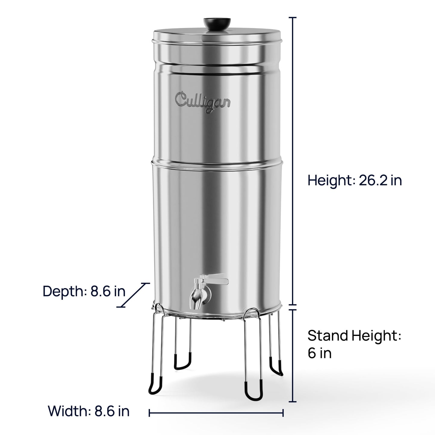 Culligan MaxClear 2.25 Gallon Gravity Water Filter System, Brushed Stainless-Steel Countertop Water Filter NSF/ANSI Certified to Reduce Microplastics, Lead & Total PFAS, with 1 Ceramic Filter